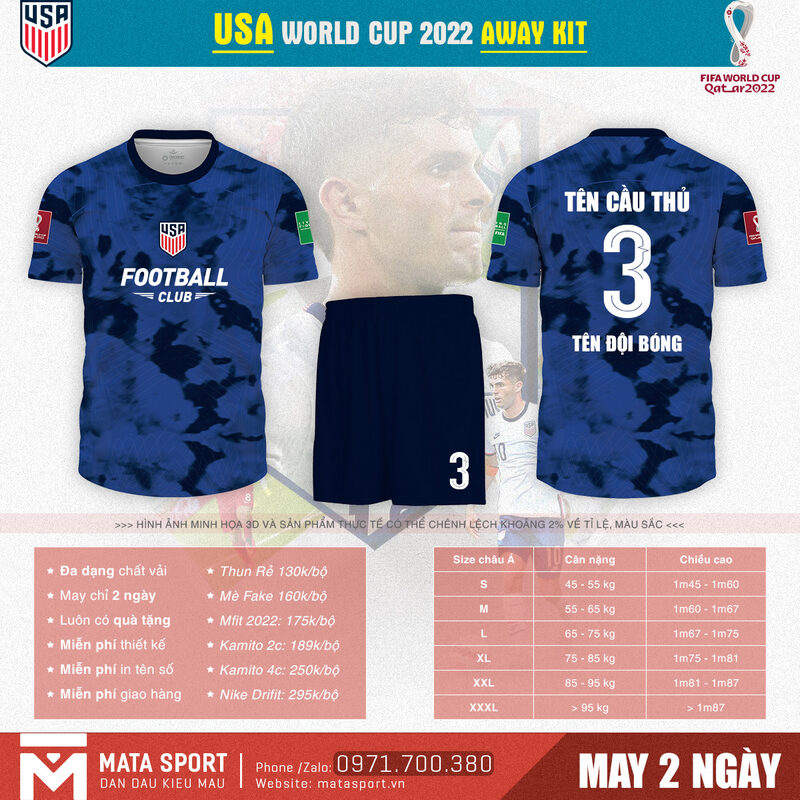 Áo bóng đá USA sân khách bảng B World Cup 2022 dưới đây đến từ shop MATA Sport được thiết kế độc quyền giành tặng cho người hâm mộ đội bóng tên tuổi này.