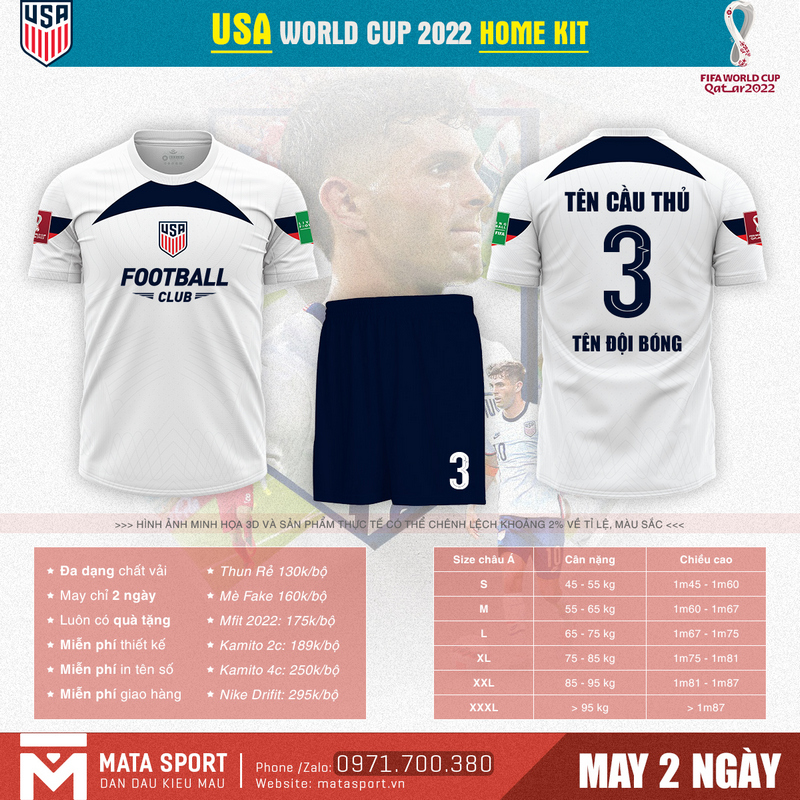 Áo bóng đá USA sân nhà bảng B World Cup 2022 với sức hút khó cưỡng được sản xuất bởi shop MATA Sport đã sẵn sàng "đốn tim" người hâm mộ USA ngay rồi.