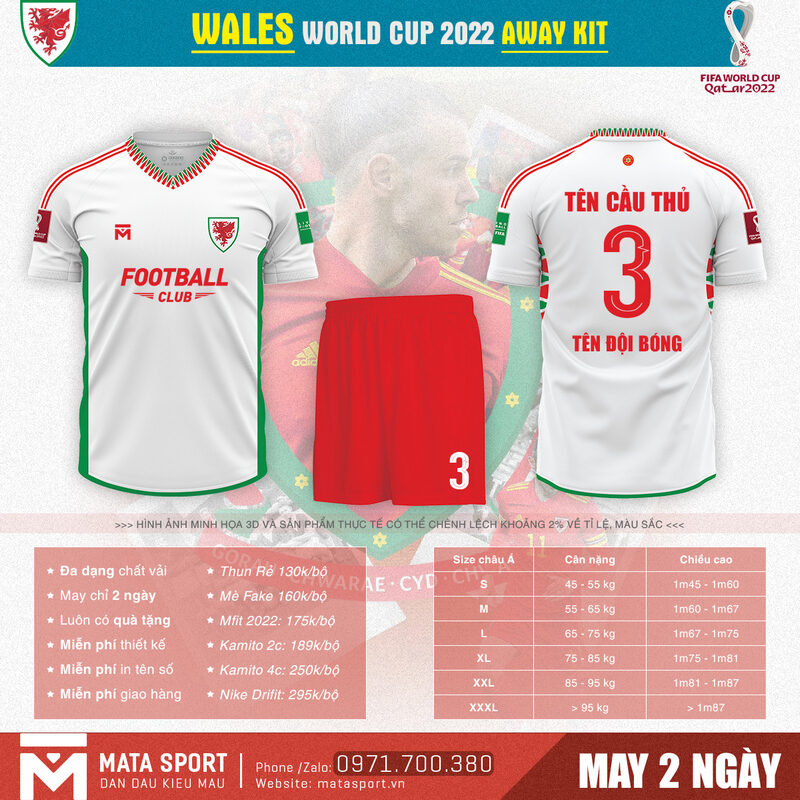 Mẫu áo bóng đá Wales sân khách bảng B World Cup 2022 đẹp xuất sắc của shop MATA Sport. Thiết kế sở hữu sự pha trộn màu sắc độc đáo, họa tiết mới mẻ với các màu như: màu trắng chủ đạo, màu đỏ và xanh két là màu họa tiết và màu của các yếu tố quan trọng trên áo.