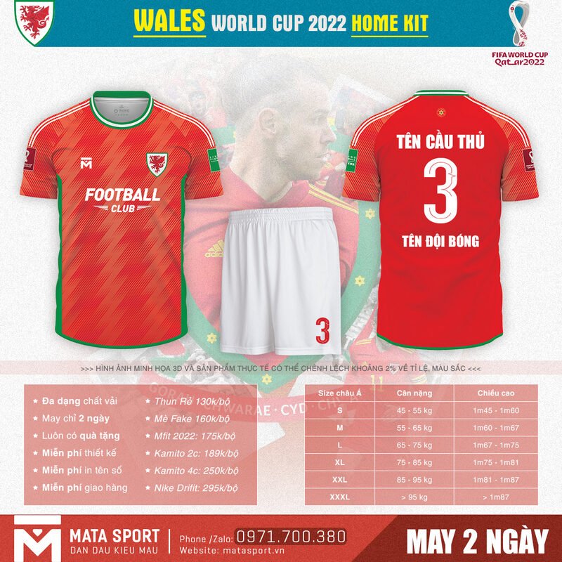Áo bóng đá Wales sân nhà bảng B World Cup 2022 nổi bật dưới đây của shop MATA Sport là một phiên bản "gây thương nhớ" với màu sắc và các yếu tố khác trên áo. Theo đó, Chúng tôi sự dụng kết hợp các màu sắc như: đỏ làm làm chính thức, màu cam - xanh két - trắng làm màu sắc của các chi tiết phụ họa trên áo đấu