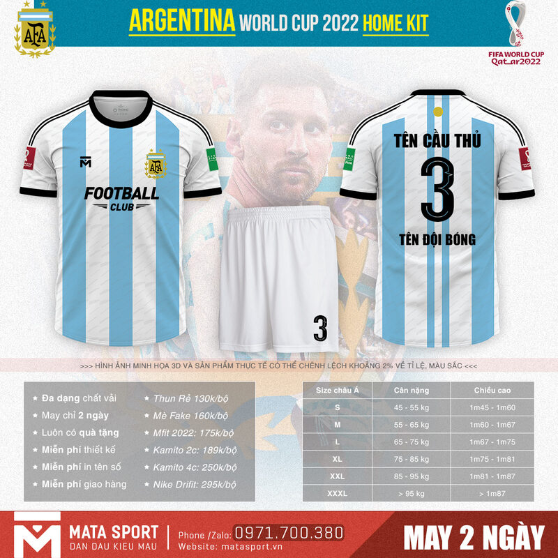 Hãy cùng với shop MATA Sport khám phá ngay mẫu áo bóng đá Argentina sân nhà bảng C World Cup 2022 dưới đây vừa được chúng tôi phát hành cách đây không lâu. Thiết kế này sở hữu phiên bản kết hợp xanh mc và xám trắng khá ấn tượng