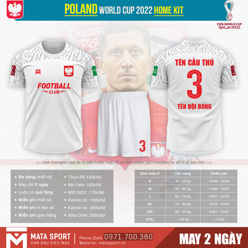 Áo bóng đá Poland sân nhà bảng C World Cup 2022 ấn tượng được sản xuất bởi shop MATA Sport dưới đây sở hữu màu sắc tươi sáng, họa tiết độc đáo và lạ mắt.