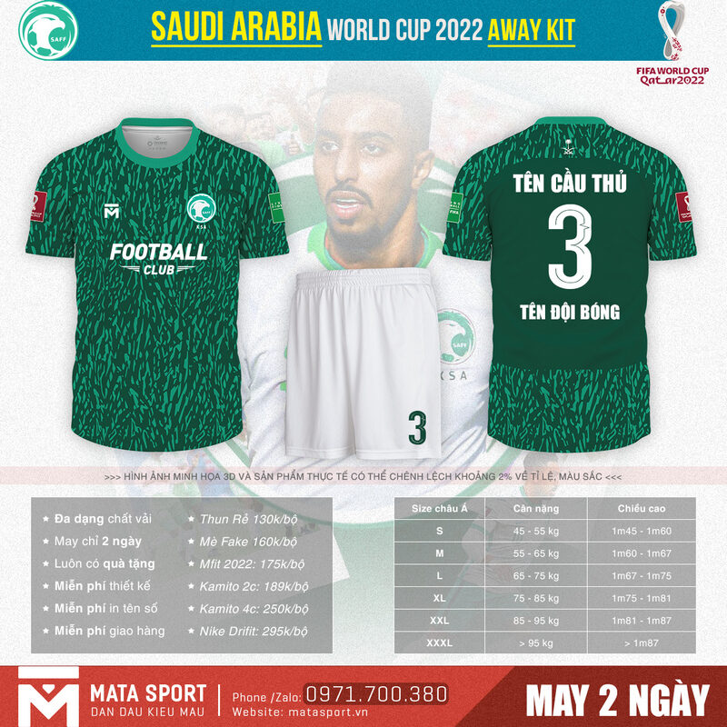 Áo bóng đá Saudi Arabia sân khách bảng C World Cup 2022 đốn tim fan hâm mộ với phong cách thiết kế độc lạ bởi hai màu xanh bắt mắt cùng họa tiết thú vị.