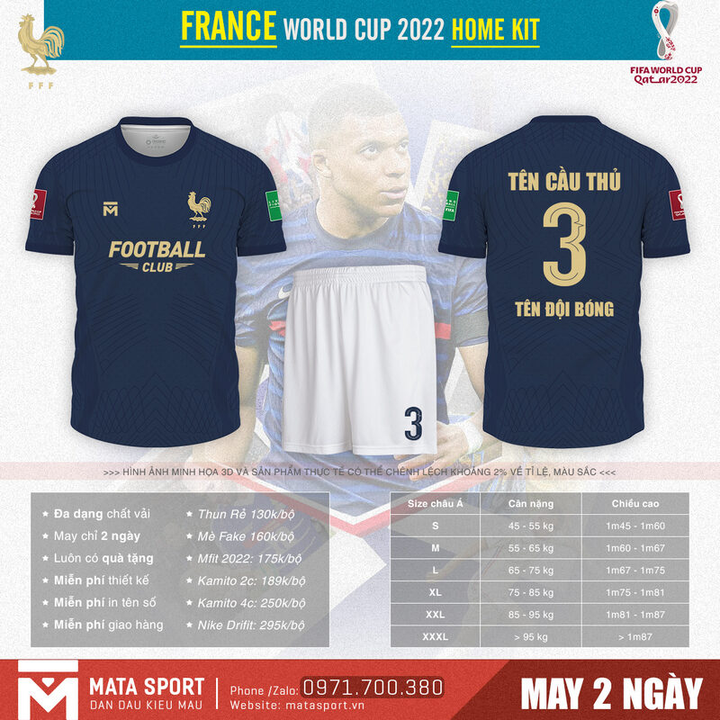 Bổ sung ngay vào bộ sưu tập của mình mẫu áo bóng đá France sân nhà bảng D World Cup 2022 đến từ MATA Sport này để tăng thêm tinh thần hâm mộ và yêu mến đội tuyển, bạn đã thử chưa? Chúng tôi tin rằng, đây chắc chắn sẽ là phiên bản hoàn hảo khiến bạn thấy hài lòng.