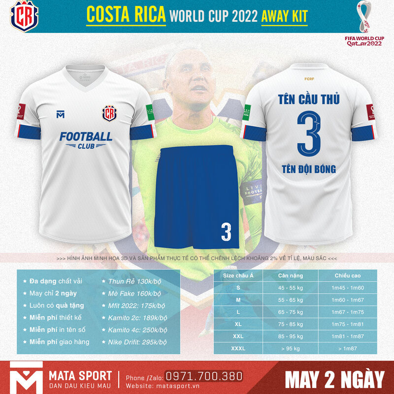 Với gam màu trắng sáng tươi mới, áo bóng đá Costa Rica sân khách bảng E World Cup 2022 mang đến diện mạo trẻ trung, năng động, đầy nhiệt huyết của tuổi trẻ. Nếu bạn yêu thích bộ trang phục này hãy nhanh tay liên hệ với shop Matar Sport để được sở hữu nhé.