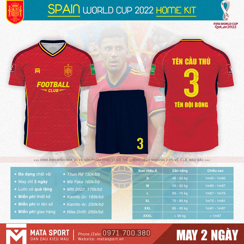 Áo bóng đá Spain bảng E sân nhà World Cup 2022 là bộ thiết kế mang màu đỏ chủ đạo. Màu sắc được nhiều bạn trẻ ưa chuộng nhất hiện nay. Bộ trang phục này được sản xuất tại shop Matar Sport.