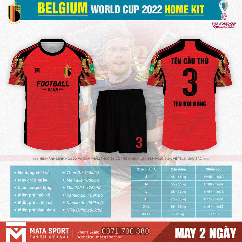 Áo bóng đá Belgium sân nhà bảng F World Cup 2022 mang gam màu đỏ chủ đạo kết hợp với các họa tiết độc đáo tạo nên vẻ bề ngoại mới lạ thu hút mọi ánh nhìn. Hãy đến shop Matar Sport để sở hữu ngay bộ trang phục này nhé.