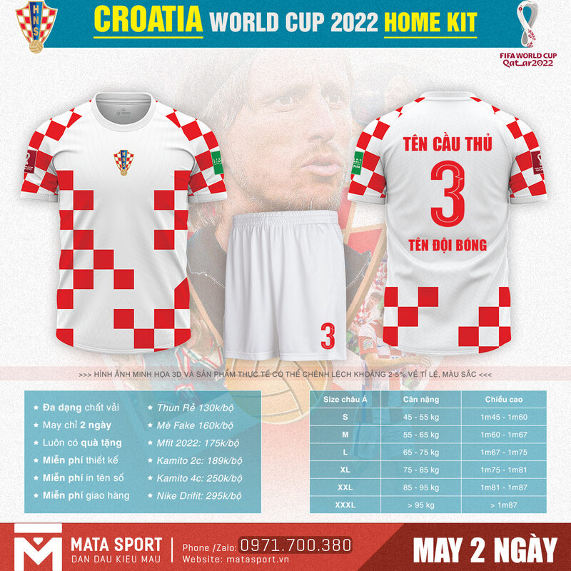 Được kết hợp tinh tế giữa màu trắng và màu đỏ, áo bóng đá Croatia sân nhà bảng F World Cup 2022 mang đến vẻ bề ngoài đắng cấp nhất, phong độ nhất. Hãy liên hệ shop Matar Sport để rinh ngay bộ trang phục độc đáo này nhé.