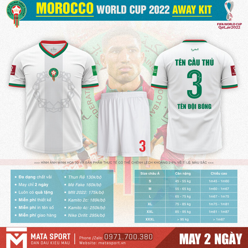 Mùa World Cup 2022 đang đến gần, áo bóng đá Morocco sân khách tại shop Matar Sport đang trở thành tâm điểm chú ý của fan hâm mộ. Thật là đáng tiếc nấu bạn bỏ qua siêu phẩm độc đáo này.