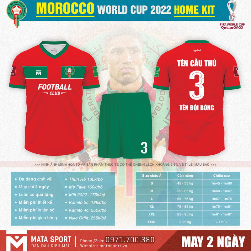 Shop Matar Sport giới thiệu bộ thiết kế áo bóng đá Morocco sân nhà bảng F World Cup 2022 phiên bản độc quyền. Hãy thể hiện tình yêu bóng đá theo cách riêng của mình cùng với siêu phẩm độc đáo này bạn nhé.