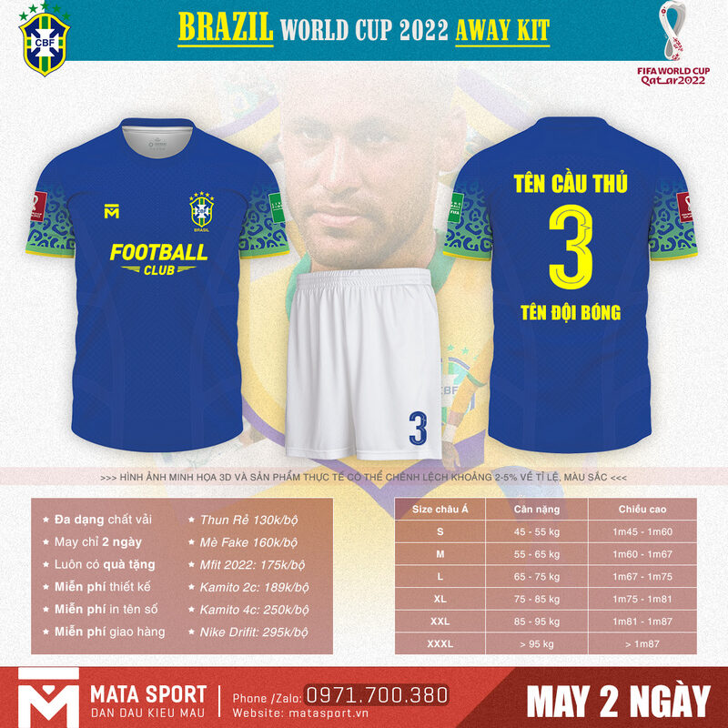 Áo bóng đá Brazil sân khách bảng G World Cup 2022 là bộ thiết kế đặc biệt nhất tại Matar Sport. Sản phẩm chất lượng, form dáng chuẩn hiện đại.