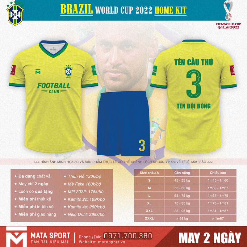 Hãy hòa vào không khí sôi nổi của mùa World Cup 2022 cùng với áo bóng đá Brazil sân nhà màu vàng. Màu sắc tươi mới, nổi bật cùng họa tiết độc lạ, sản phẩm được chào bán tại sho Matar Sport.