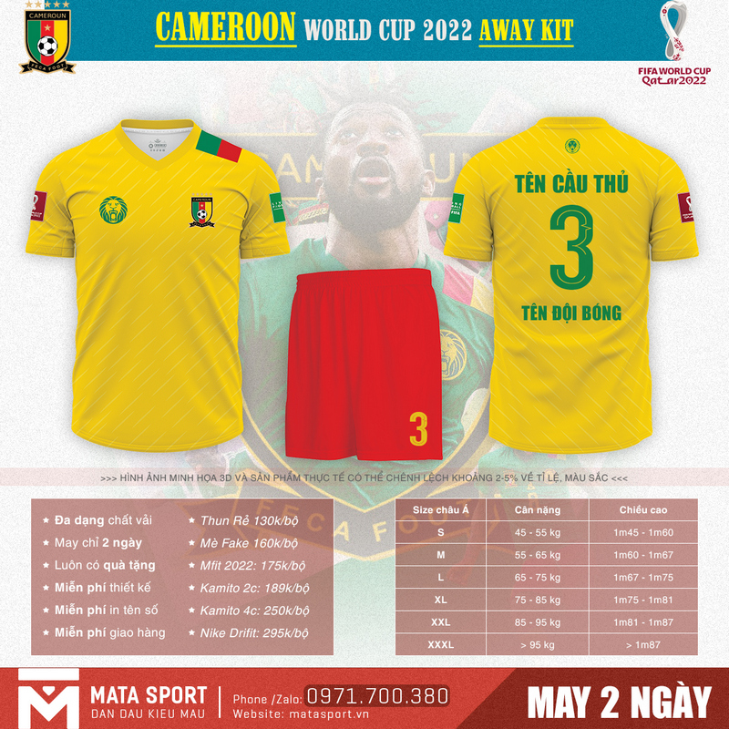 Áo bóng đá Cameroon sân khách bảng G World Cup 2022 là bộ trang phục đẹp nhất tại Matar Sport. Đây là bộ trang phục nhận được nhiều nhất những phản hồi tích cực của các fan hâm mộ.