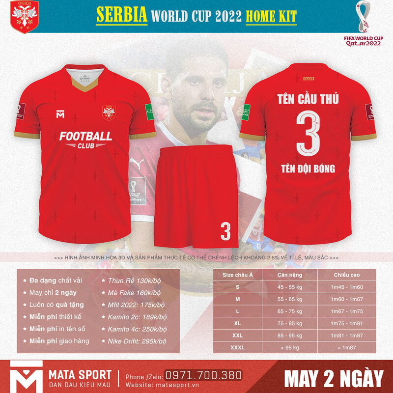 Áo bóng đá Serbia sân nhà bảng G World Cup 2022 là bộ thiết kế mang màu đỏ nổi bật. Đây là màu sắc được nhiều bạn trẻ ưa chuộng, phù hợp với mọi đối tượng, mọi lứa tuổi.
