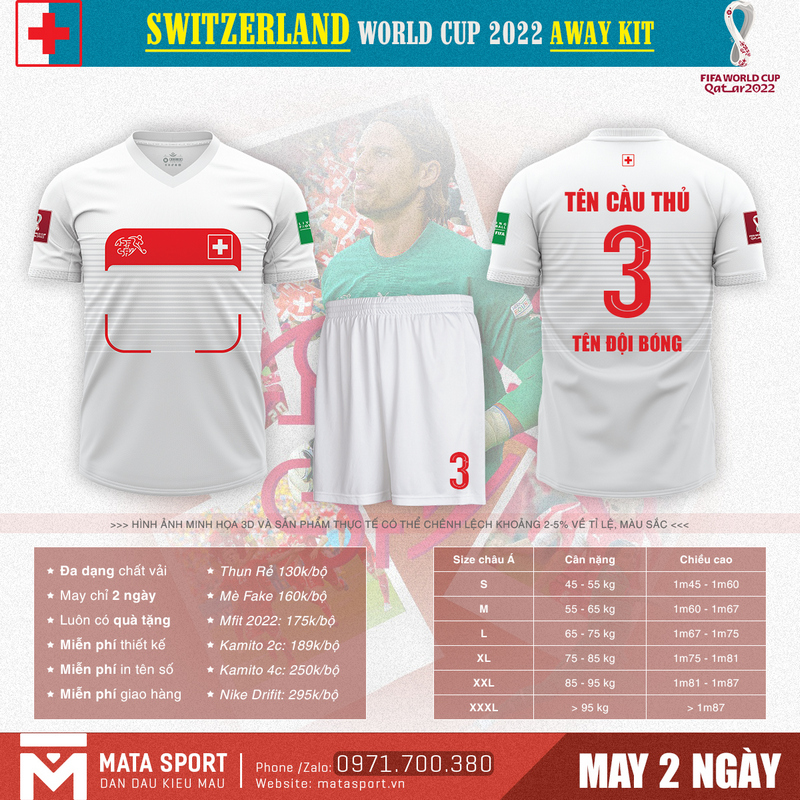 Bạn đang muốn tìm cho mình bộ áo bóng đá Switzerland sân khách bảng G World Cup 2022 giá cả phải chăng? Hãy đến với shop Matar Sport, sản phẩm đẹp, chất lượng, giá rẻ cùng nhiều quà tặng khủng.