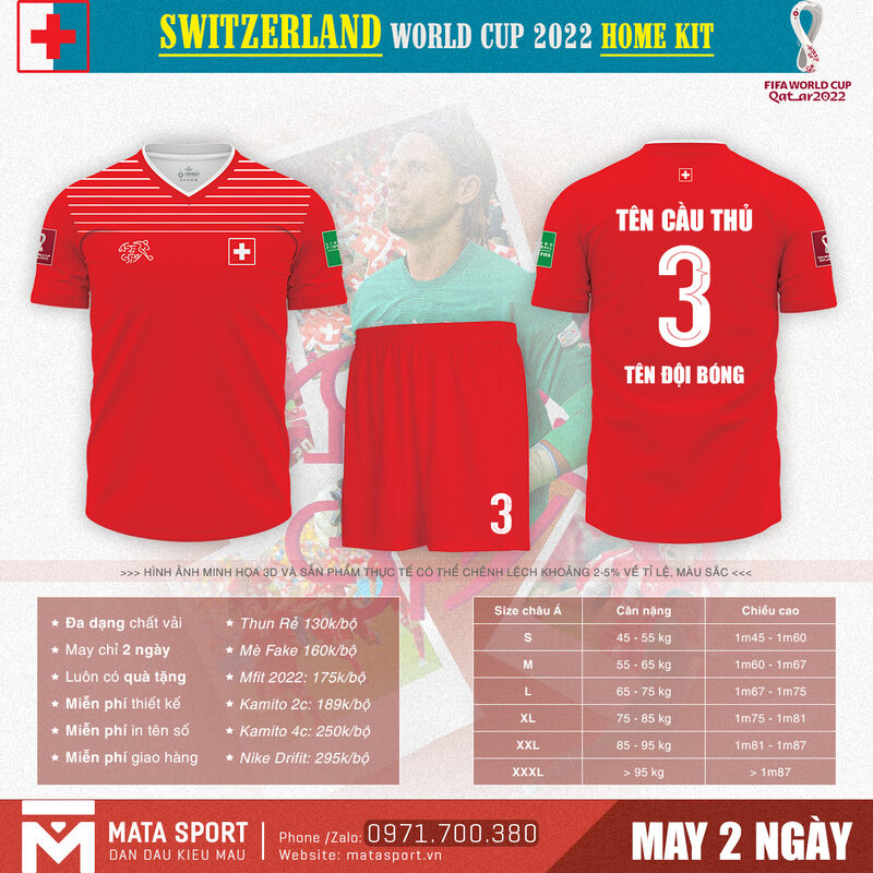 Hãy thay đổi phong cách của mình cùng áo bóng đá Switzerland sân nhà bảng G World Cup 2022 không logo tại shop Matar Sport. Với chất liệu thể thao cao cấp, màu sắc tươi mới cùng form dáng áo chuẩn, hiện đại, chắc chắn sẽ làm bạn hài lòng.