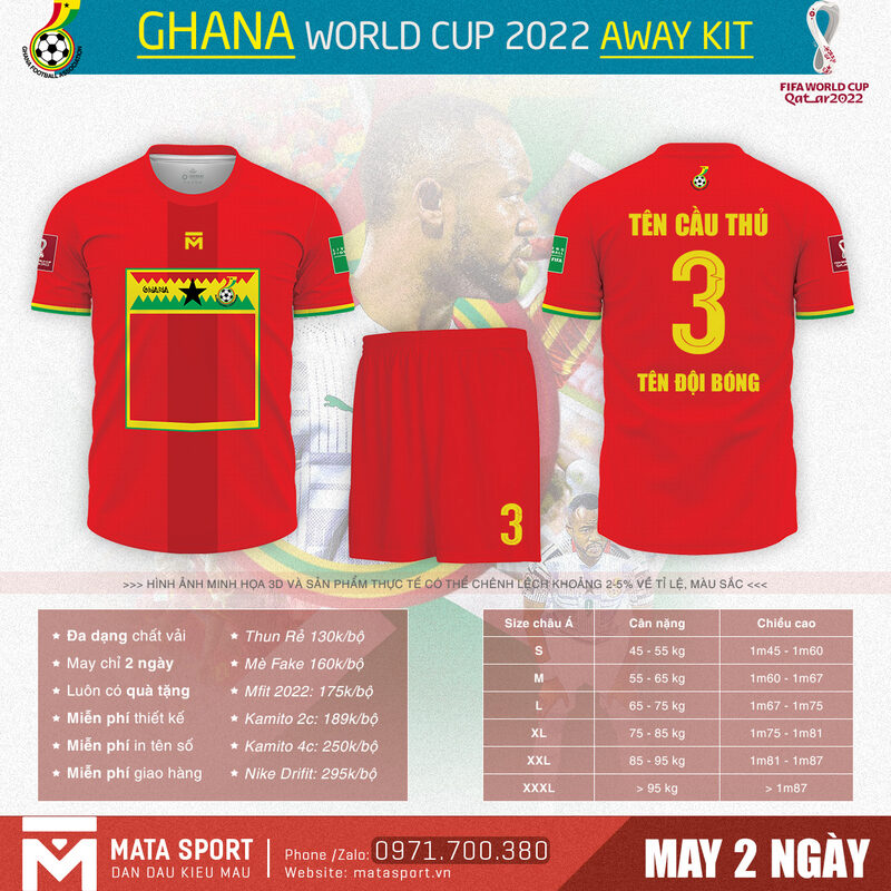 Hé lộ bộ áo bóng đá Ghana sân khách bảng H World Cup 2022 màu đỏ tự thiết kế tại shop Matar Sport. Đây là bộ trang phục thu hút được nhiều fan hâm mộ quan tâm nhất trên thị trường hiện nay.