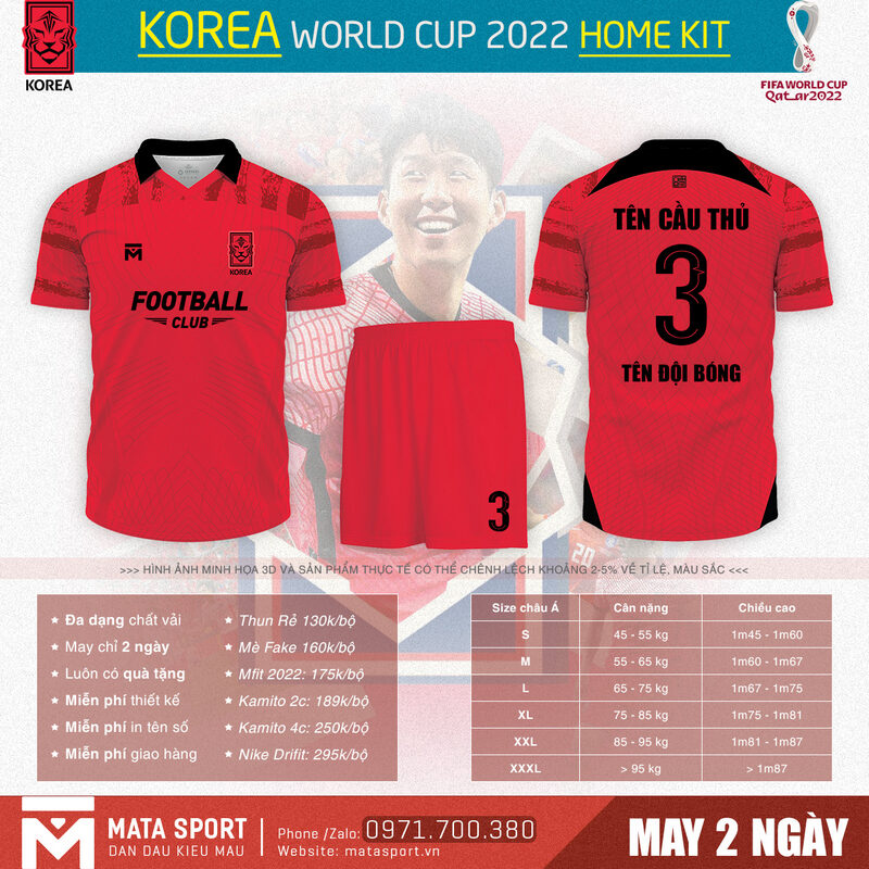 Bạn sẽ thật tự tịn và nổi bật cùng với áo bóng đá Korea sân nhà bảng H World Cup 2022 tại Matar Sport. Sản phẩm chất lượng, in ấn độc quyền cùng nhiều quà tặng hấp dẫn.