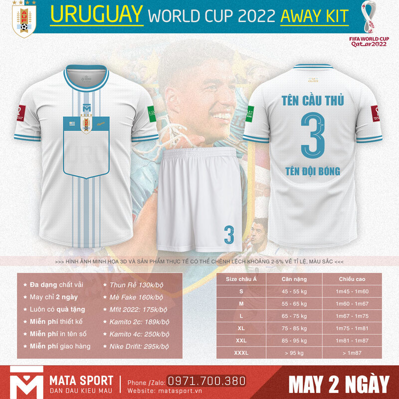 Bạn đang tìm kiếm cho mình bộ áo bóng đá Uruguay sân khách bảng H World Cup 2022. Shop Mata Sport là địa chỉ đáng tin cậy nhất giành cho bạn. Sản phẩm đẹp, chất lượng, giá rẻ, nhiều ưu đãi.