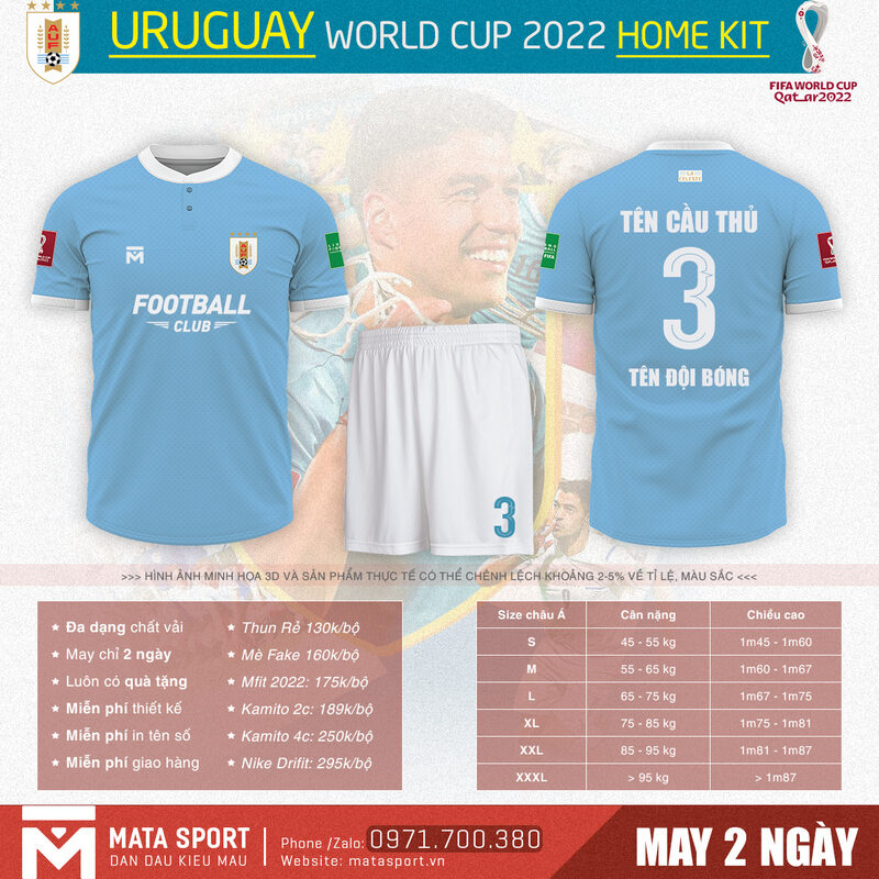 Áo bóng đá Uruguay sân nhà bảng H World Cup 2022 là bộ trang phục đang hót hít nhất trên thị trường năm nay. Siêu phẩm được phân phối độc quyền tại shop Matar Sport.