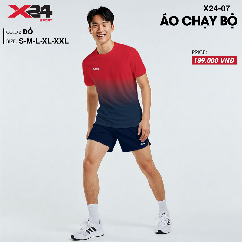 Áo chạy bộ nam X24-07 màu đỏ xanh đen, thiết kế gradient, chất liệu thể thao cao cấp